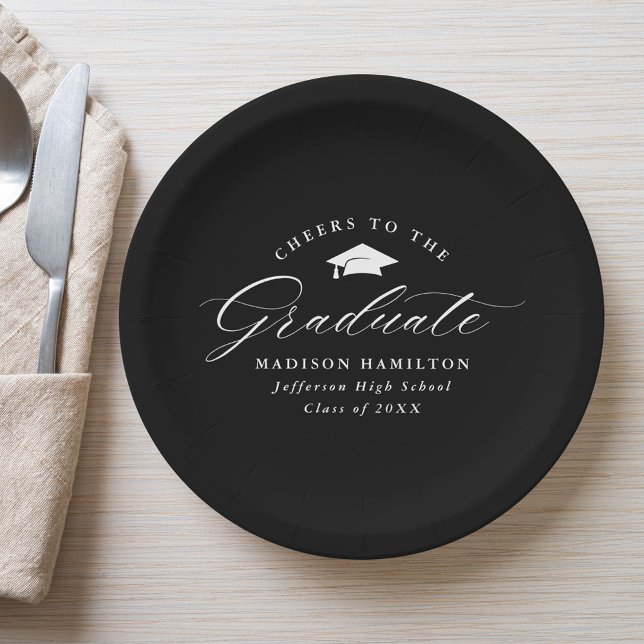 Elegant Black and White Cheers to the Graduate Paper Plate (Creator Uploaded)