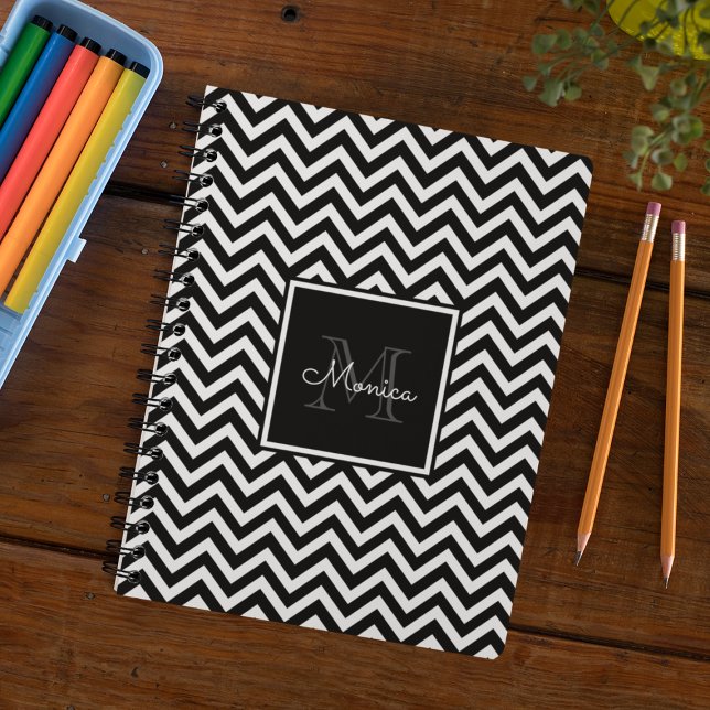 Elegant Black and White Chevron Monogram Notebook (Creator Uploaded)