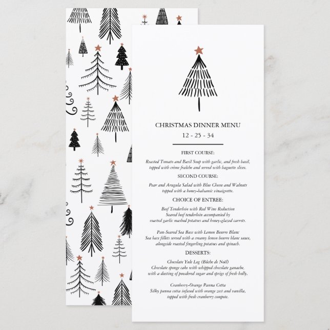 Elegant Black and White Christmas Dinner Party  Menu (Front/Back)
