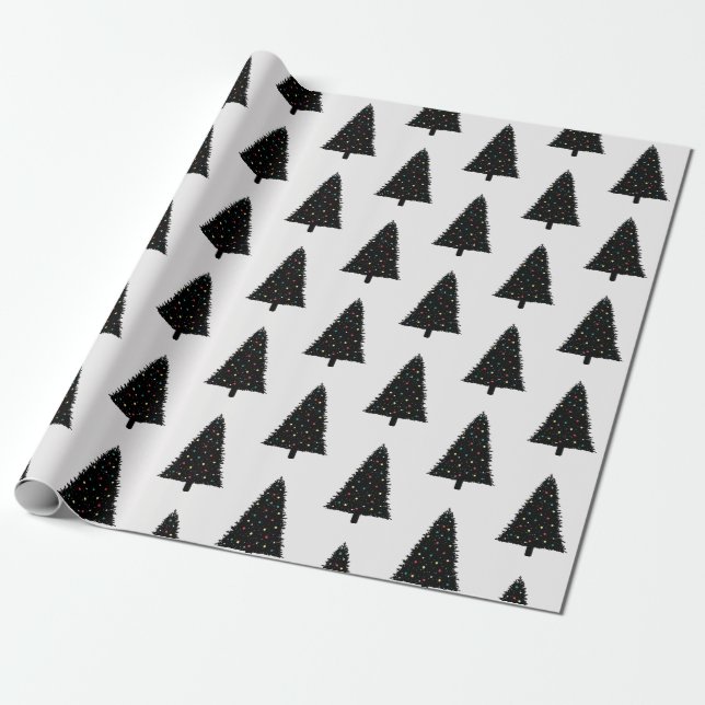 Elegant Black and White Christmas Tree Pattern Wrapping Paper (Unrolled)