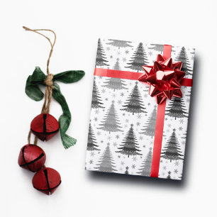 Elegant Black and White Christmas Tree Pattern Wrapping Paper