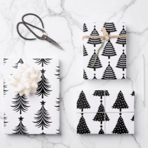 Elegant Black and White Christmas Tree Pattern  Wrapping Paper Sheet