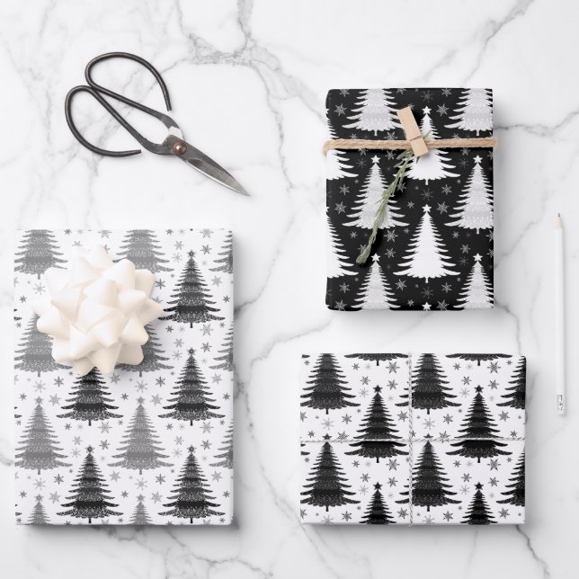 Elegant Black and White Christmas Tree Pattern Wrapping Paper Sheet (Front)