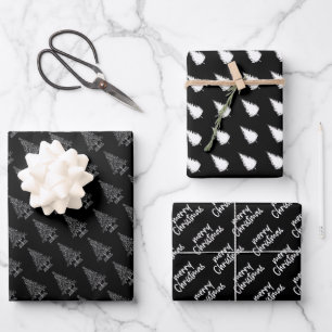 Elegant Black and White Christmas tree Wrapping Paper Sheet