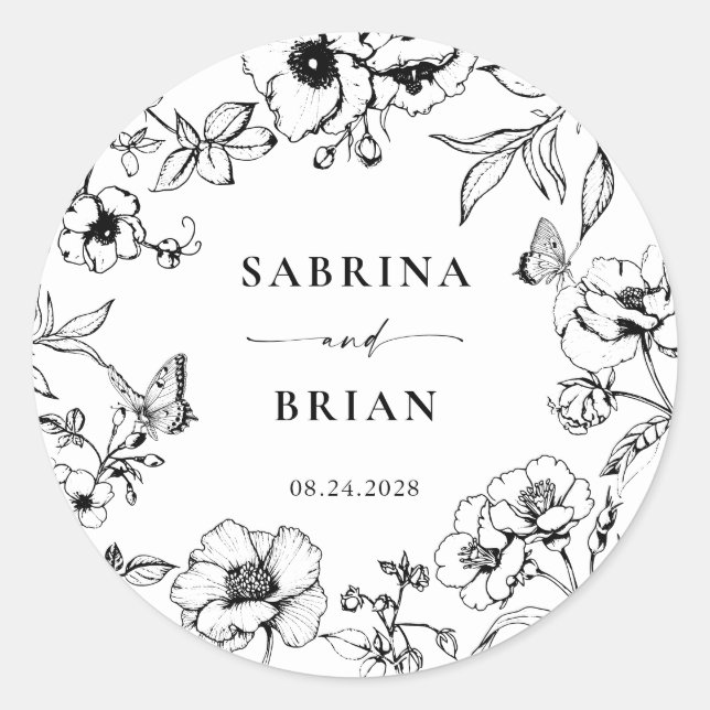 Elegant Black And White Classic Floral Wedding  Round Sticker (Front)