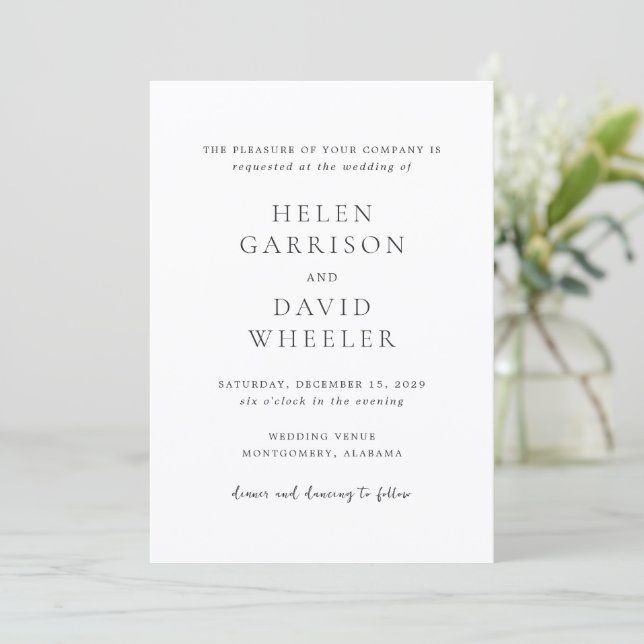Elegant Black and White Classic Wedding Invitation (Standing Front)