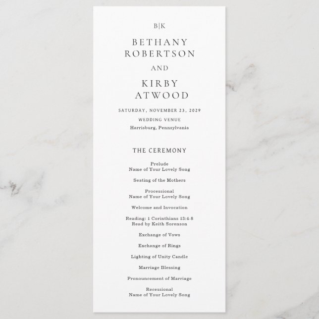 Elegant Black and White Classic Wedding Program (Front)