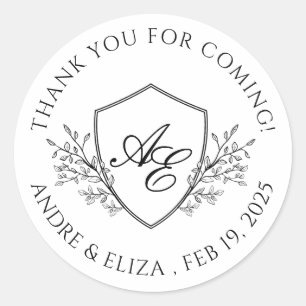 Elegant Black and White Crest Monogram Thank You Classic Round Sticker