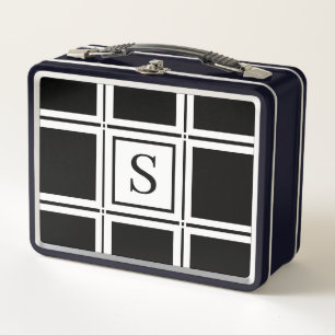 Elegant Black and White Custom Single Initial Metal Lunch Box