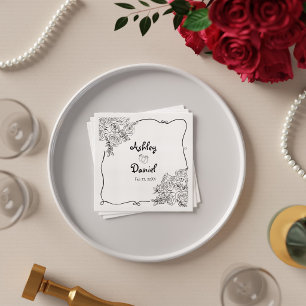 Elegant Black and White Cute Floral Doodle Wedding Napkin