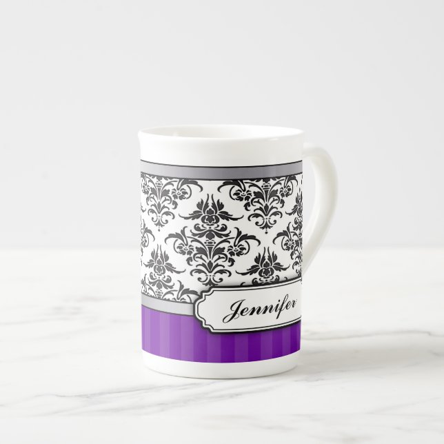 Elegant Black and White Damask Bone China mug (Front Right)