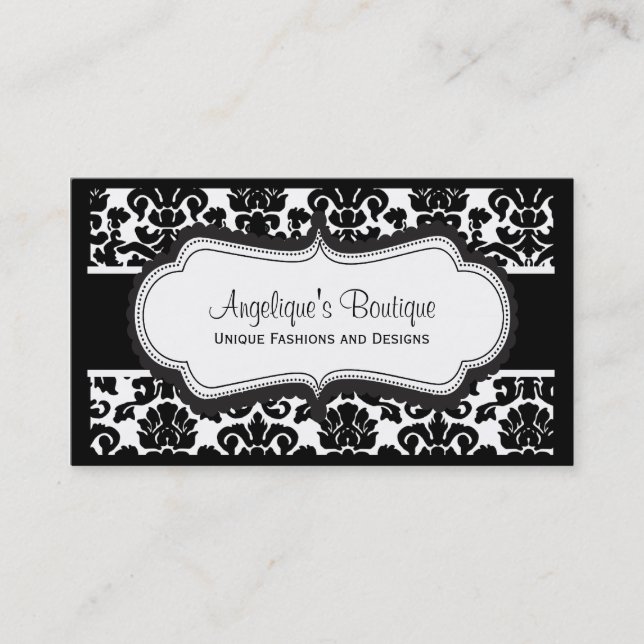 Elegant Black and White Damask Business Cards (Front)