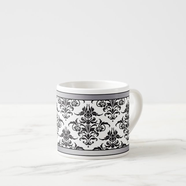 Elegant Black and White Damask espresso mug (Front Right)