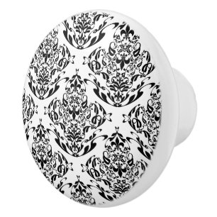 Elegant Black And White Damask Floral Boho Pattern Ceramic Knob