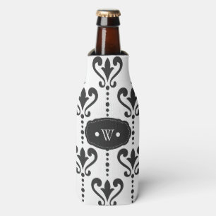 Elegant Black and White Damask Monogram Bottle Cooler
