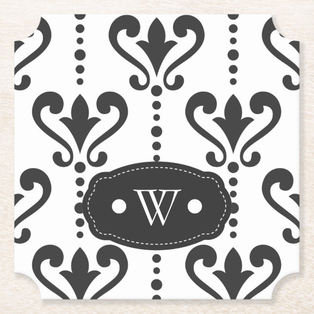 Elegant Black and White Damask Monogram Paper Coaster (Front)