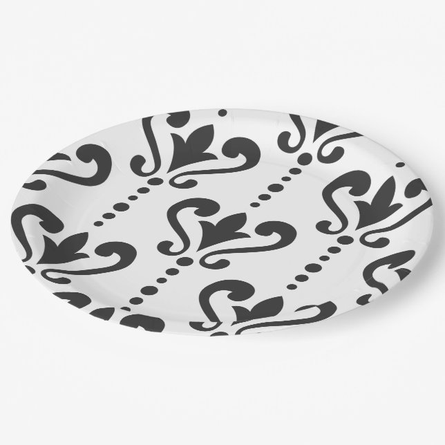 Elegant Black and White Damask Paper Plate (Angled)