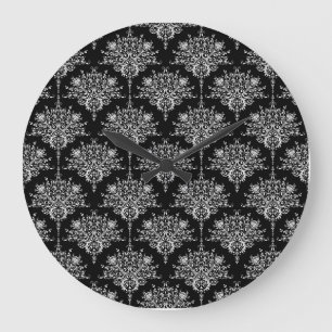 Elegant Black and White Damask Pattern Large Clock