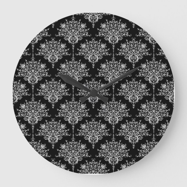 Elegant Black and White Damask Pattern Large Clock (Front)