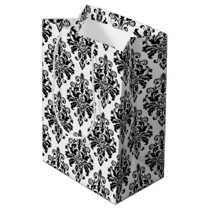 Elegant Black and White Damask Pattern Medium Gift Bag