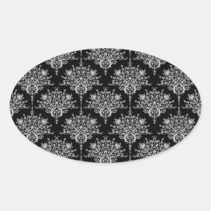 Elegant Black and White Damask Pattern Oval Sticker