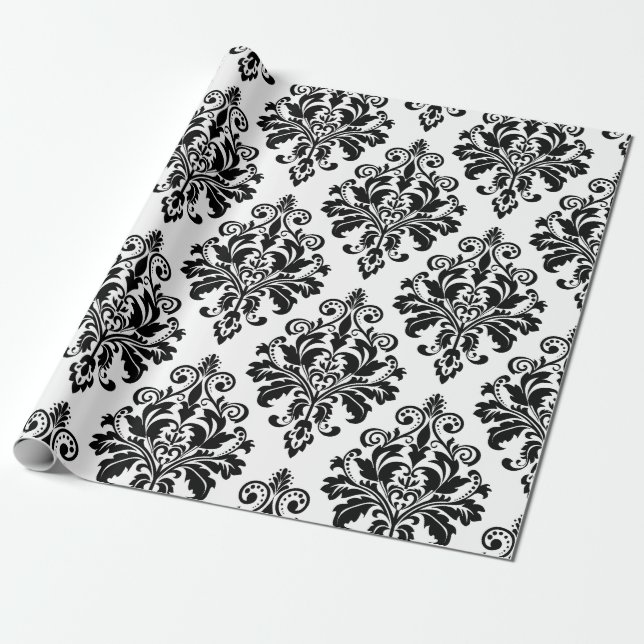 Elegant Black and White Damask Pattern Wrapping Paper (Unrolled)