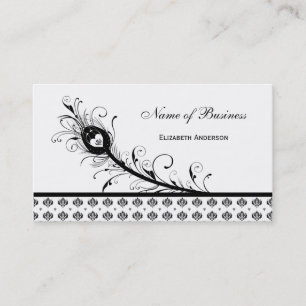 Elegant Black and White Damask Peacock Feather Business Card