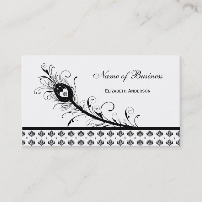 Elegant Black and White Damask Peacock Feather Business Card (Front)
