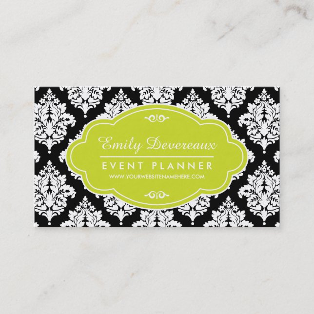 Elegant Black and White Damask Personalised Business Card (Front)