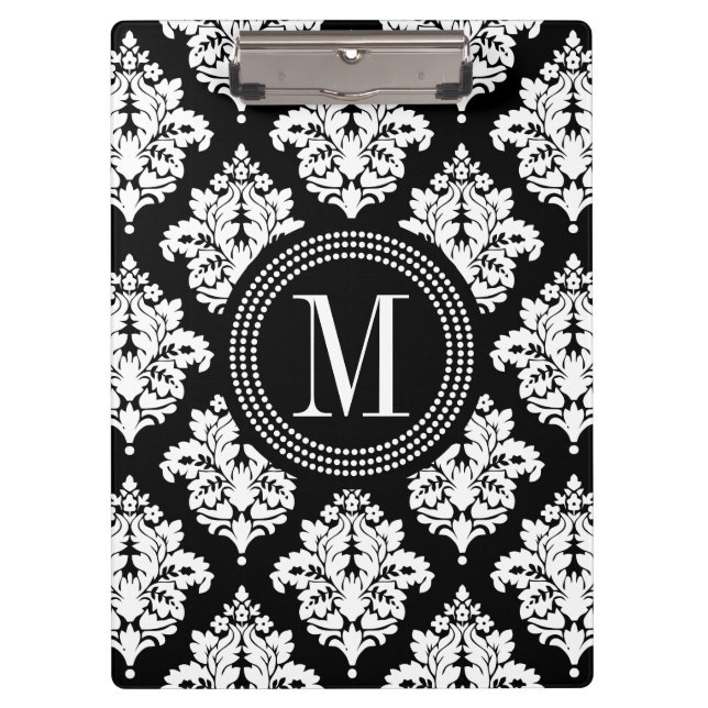 Elegant Black and White Damask Personalised Clipboard (Front)