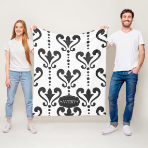 Elegant Black and White Damask Personalised Fleece Blanket