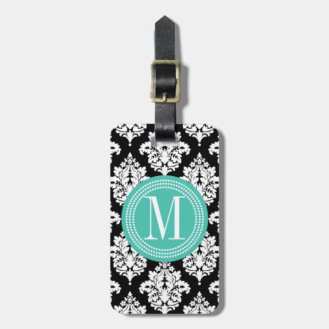 Elegant Black and White Damask Personalised Luggage Tag (Front Vertical)