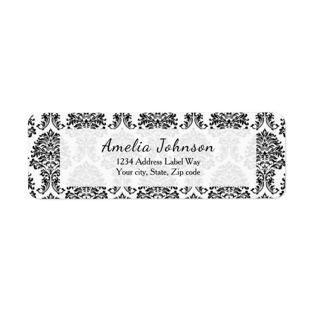 Elegant Black and white damask return address Label (Front)
