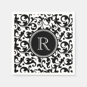 Elegant Black and White Damask Scroll Monogrammed Napkin