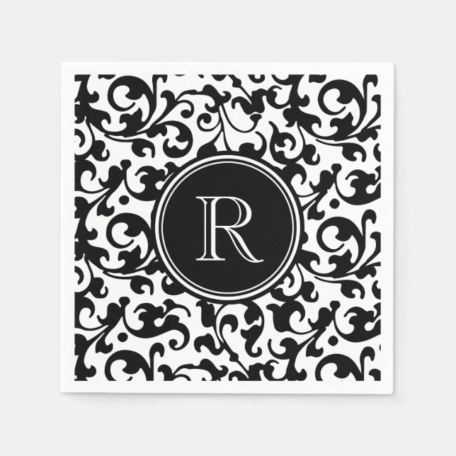 Elegant Black and White Damask Scroll Monogrammed Napkin (Front)