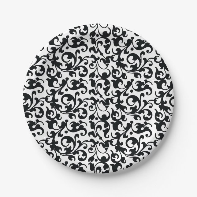 Elegant Black and White Damask Swirls Paper Plate (Front)