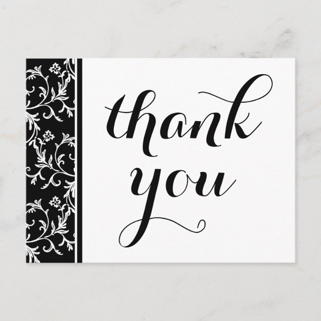 Elegant Black and White Damask Thank You Postcard (Front)