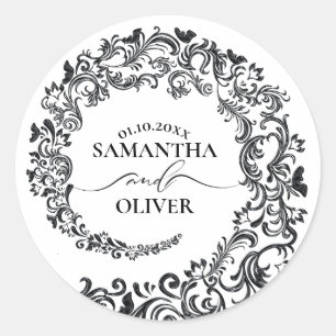 Elegant Black and White Damask Wedding Classic Round Sticker