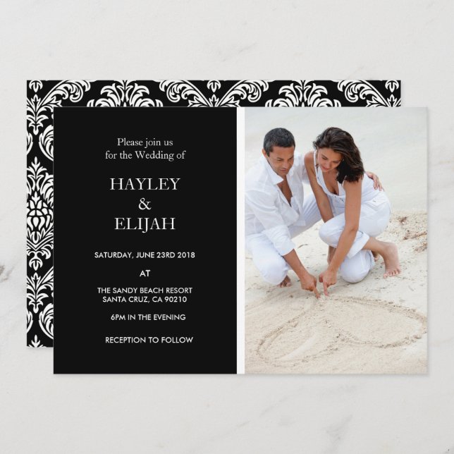 Elegant Black and White Damask Wedding Invitation (Front/Back)