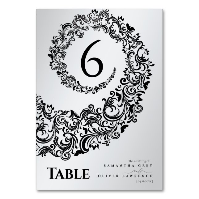 Elegant Black and White Damask Wedding Table Numbe Number (Front)
