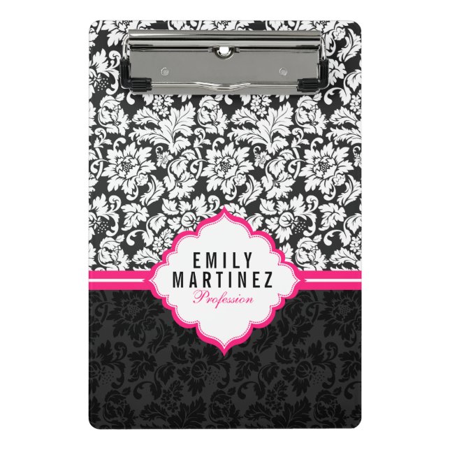 Elegant Black And White Damask With Pink Stripe Mini Clipboard (Front)