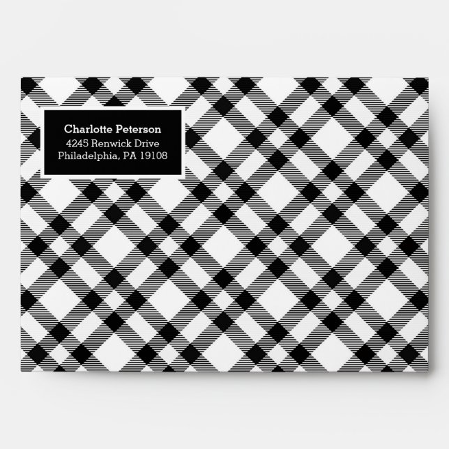 Elegant Black and White Diagonal Buffalo Plaid Envelope (Front)