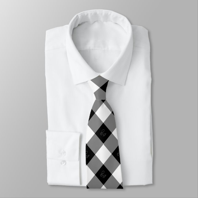 Elegant Black and White Diamond Pattern  Tie (Tied)