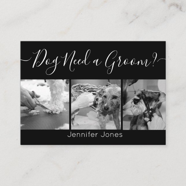 Elegant Black and White Dog Grooming Add Logo Business Card (Front)
