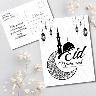 Elegant Black and White Eid Mubarak Greetings Postcard