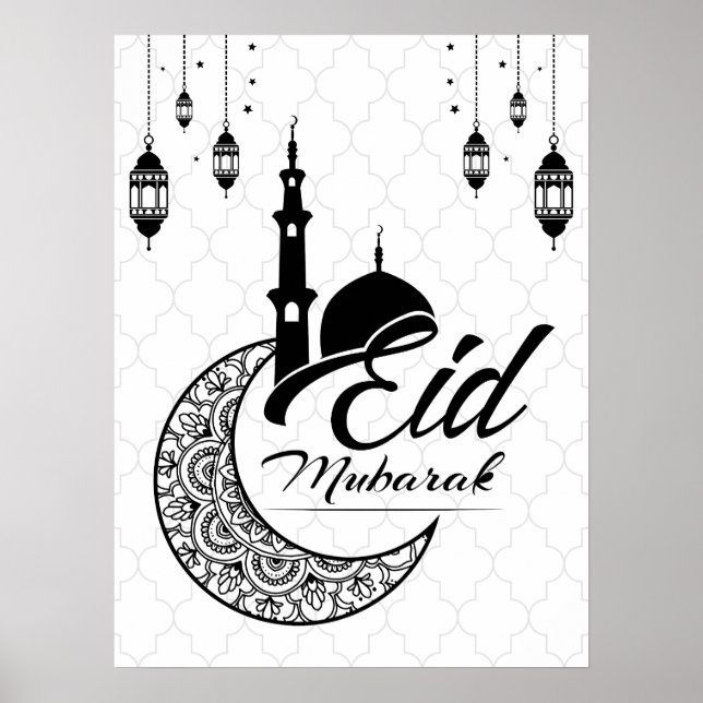 Elegant Black and White Eid Mubarak Greetings Poster (Front)