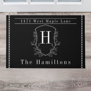 Elegant Black and white family monogram address Doormat