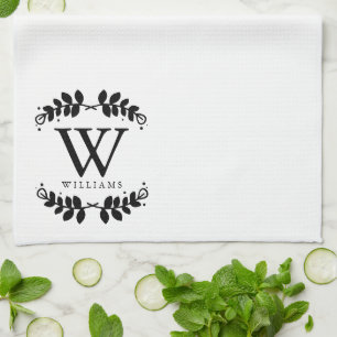Elegant Black and White Family Monogram Tea Towel