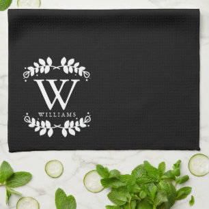 Elegant Black and White Family Monogram Tea Towel