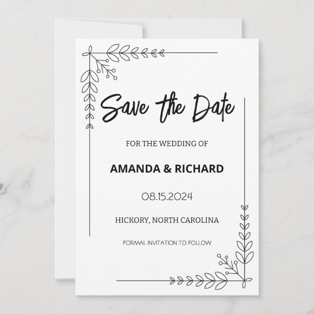 Elegant Black and White Flat Save The Date Card (Front)